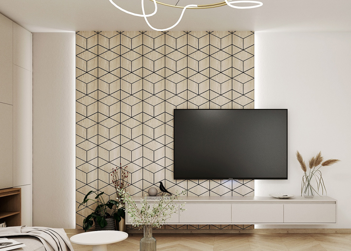 Moderní obývací pokoj s geometrickou dřevěnou stěnou, velkým televizorem a závěsným lustrem nad konzolí.