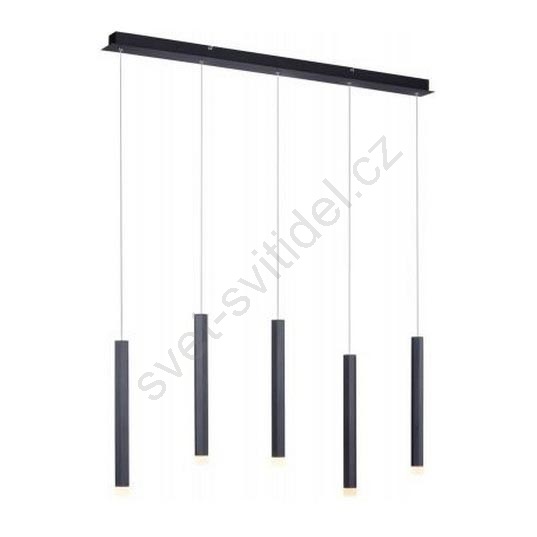 Černý závěsný lustr s pěti svislými lampami